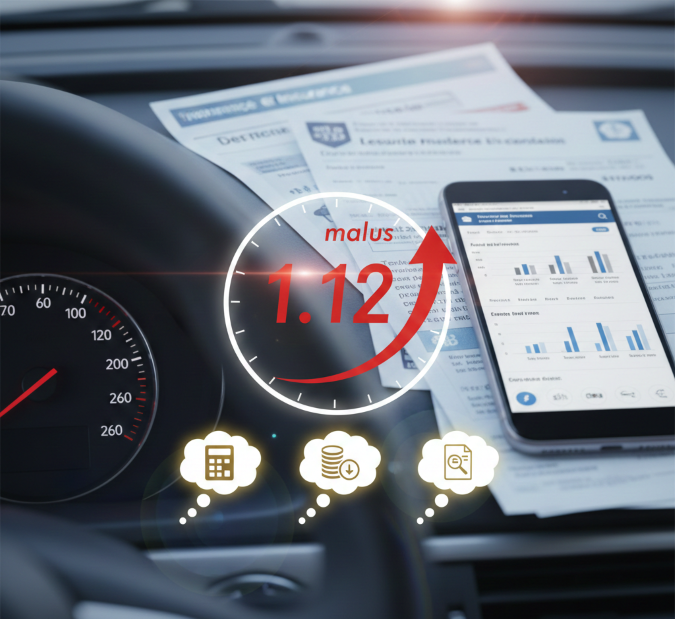 Illustration graphique montrant la hausse du coefficient vers un malus 1.12 et les outils numériques pour gérer son assurance auto.